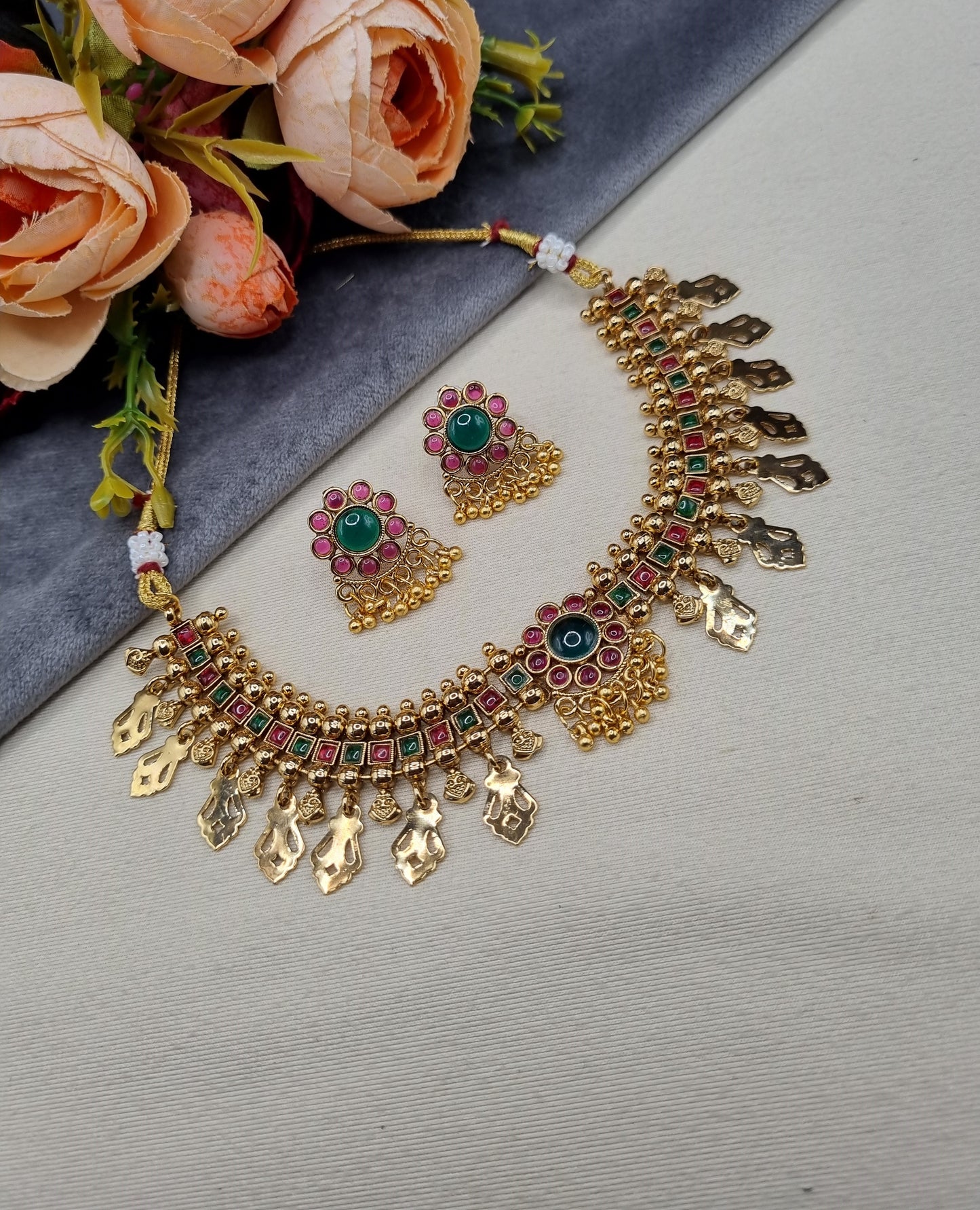 Gold-Plated Floral Centerpiece Drop Necklace & Earrings Set Product Description
