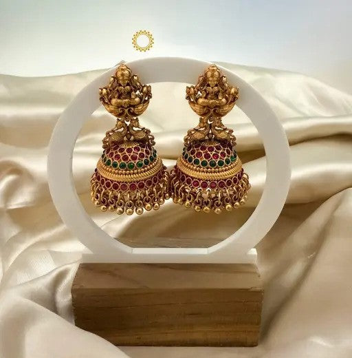 Matte Gold Earrings with Ruby & Emerald Kemp Stones and Gold Bead Fringe