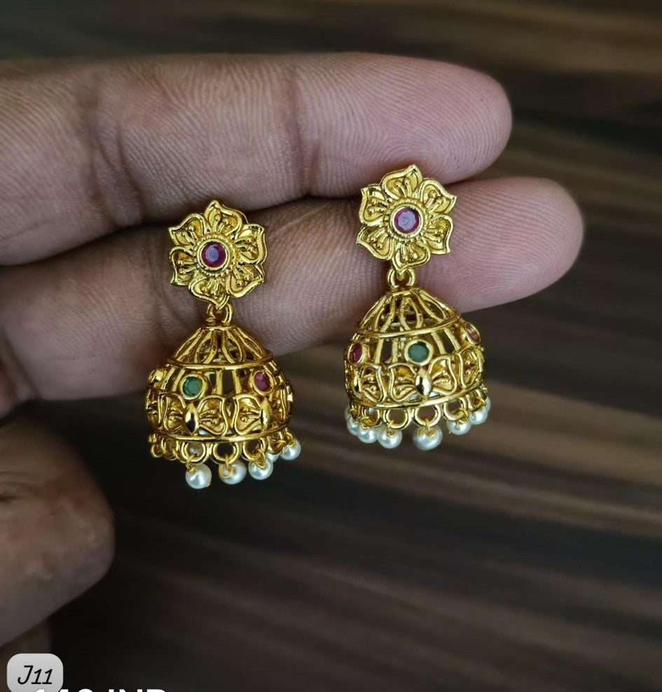 Elegant Traditional Gold Jhumka Earrings with Multicolor Stones & Pearl Dangling