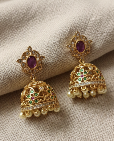 Gold-Plated Jhumka Earrings with Ruby Studs & Pearl Drops