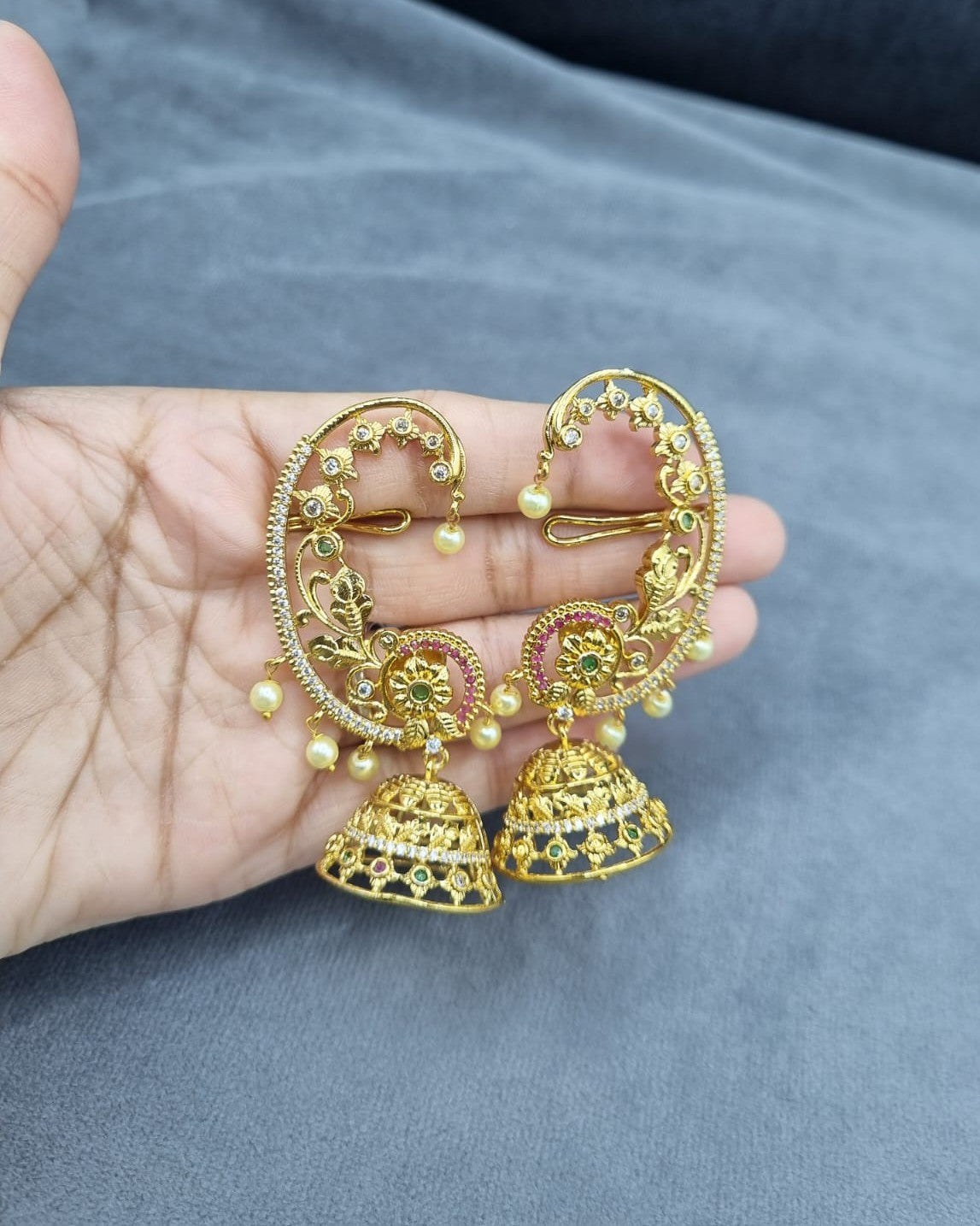Gold-Tone Floral Ear Cuffs with Jhumka