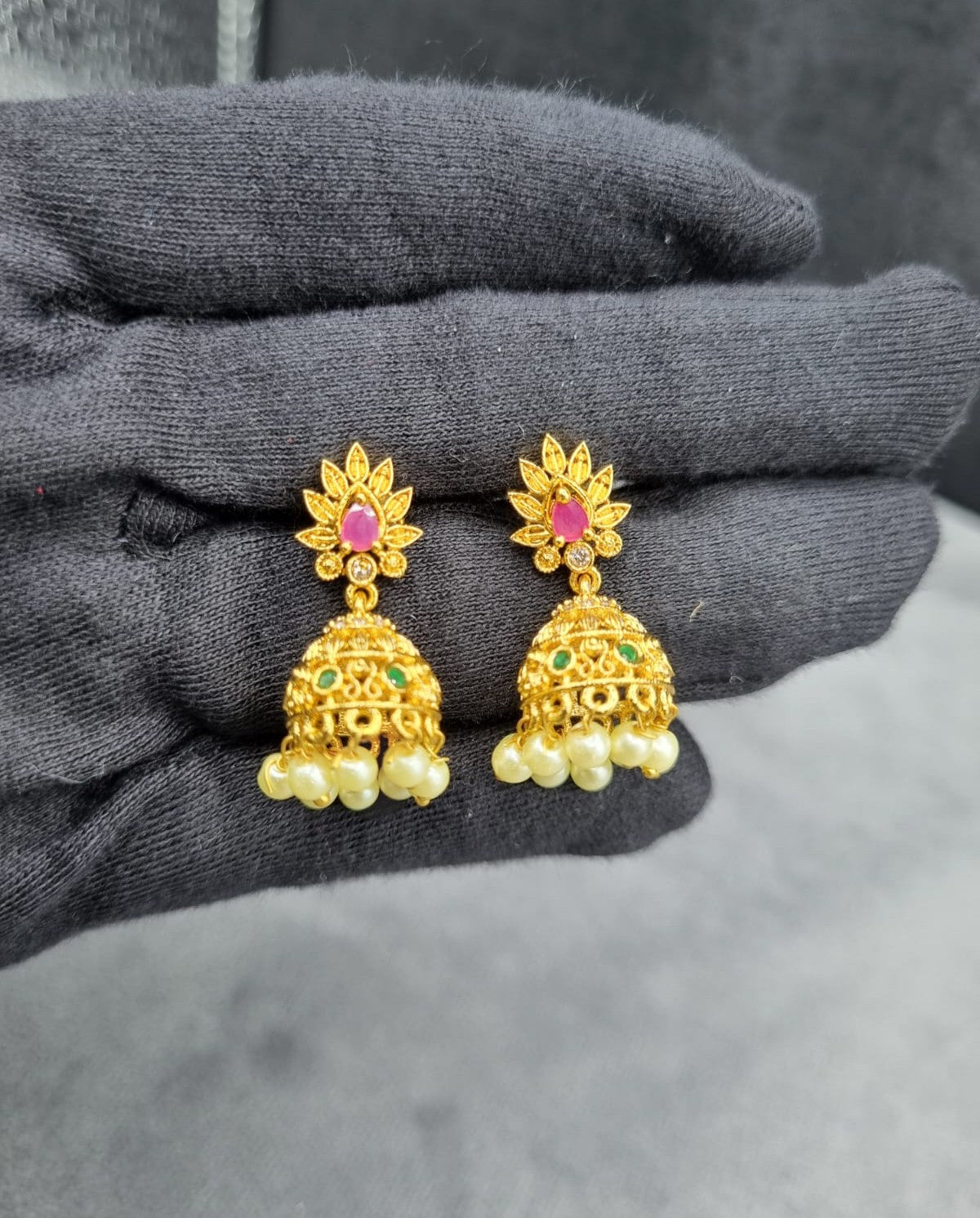 Multi-Stone AD Lotus Pearls Drop Earrings