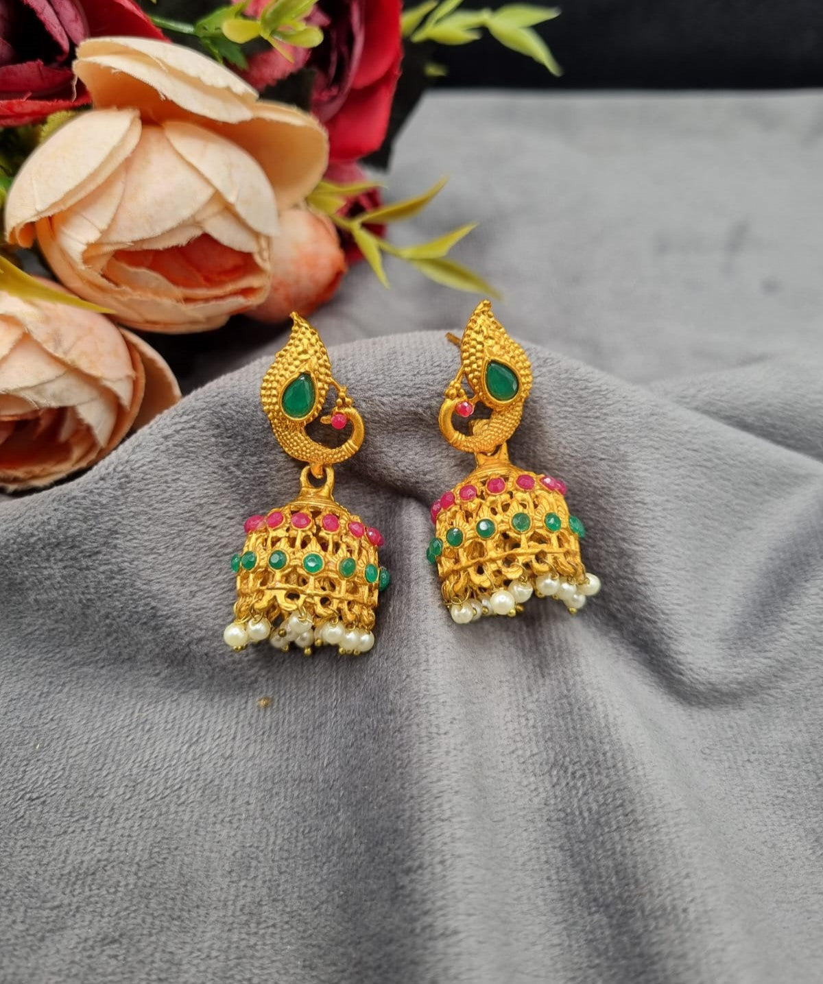 Ethnic Matte Finish Peacock Drop Jhumki Earrings