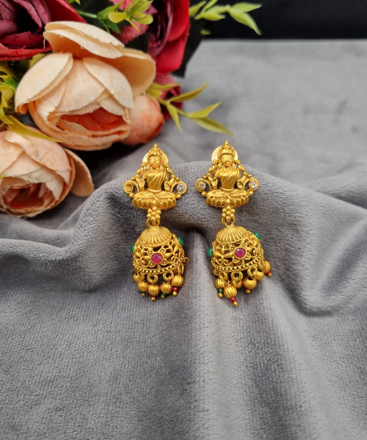 Antique Gold Matte Seated Lakshmi Temple Jhumka Earrings