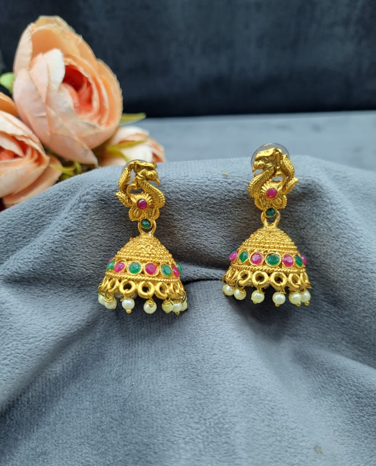 Matte Finish Peacock Dome Bell Jhumkis