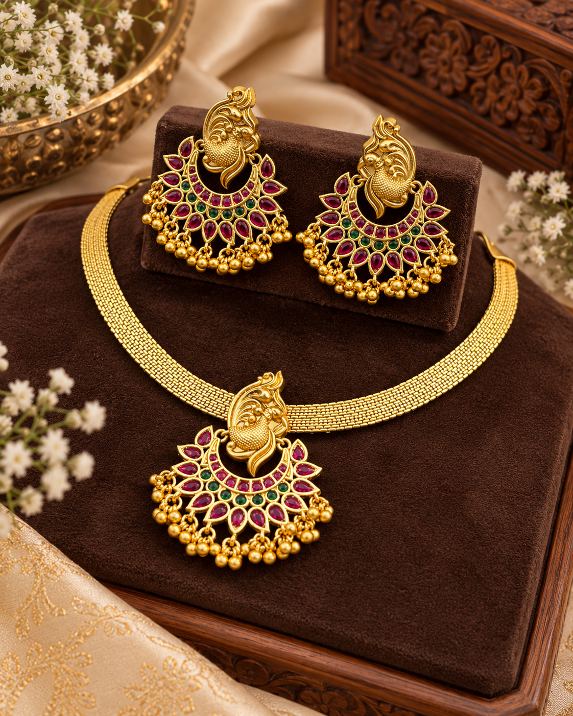 Traditional Copper Gold Plated Peacock Jewellery Set With Necklace & Earrings