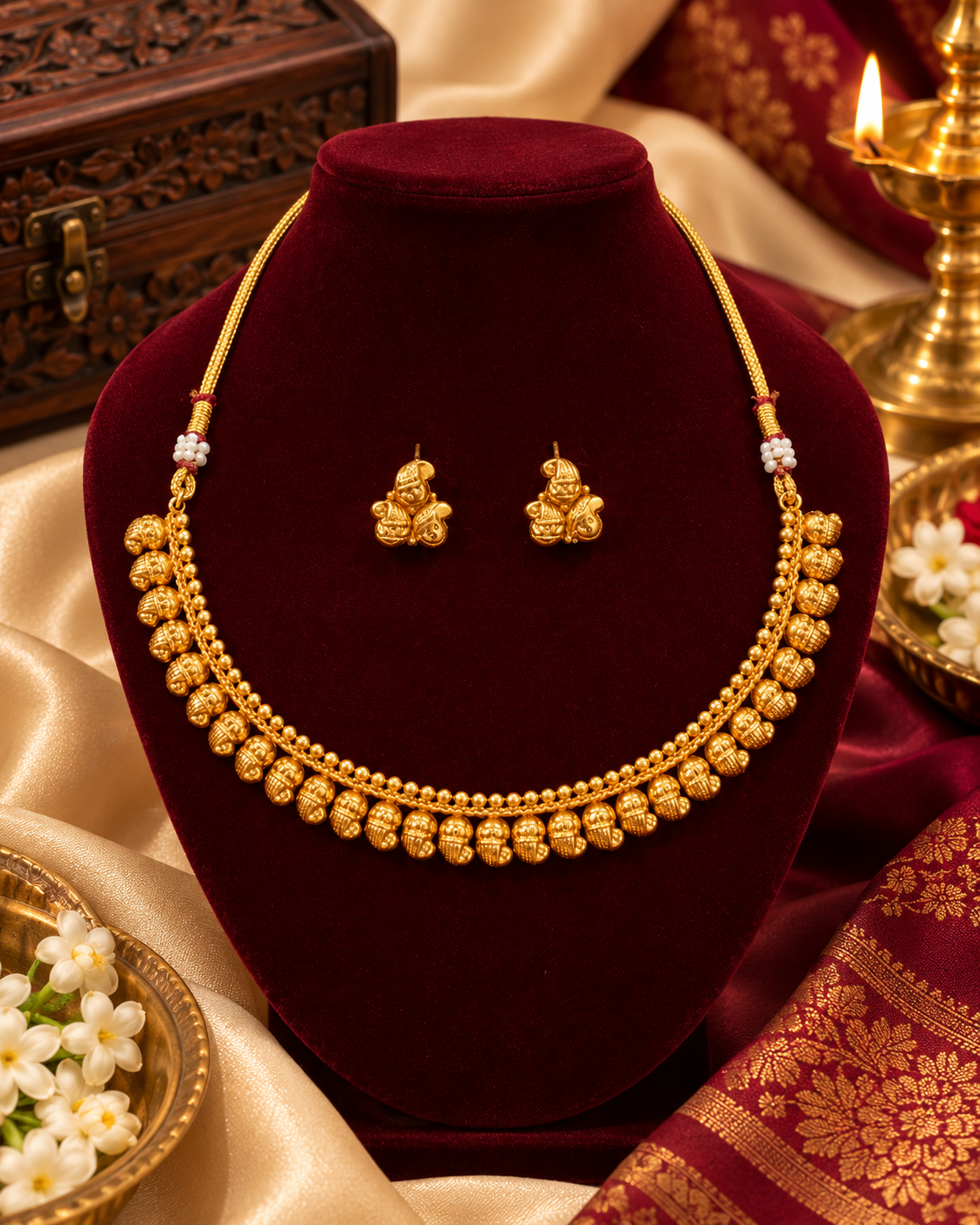 Premium Matte Finish Temple Choker with Matching Floral-Style Studs