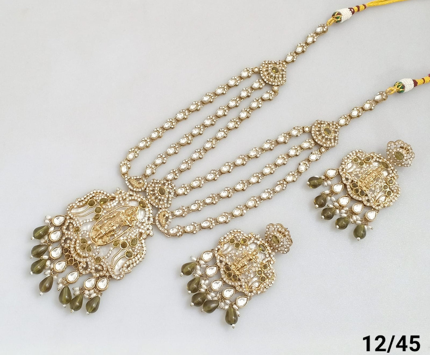 Traditional Three-Strand Antique Finish CZ Jewelry Set with Intricate Detailing