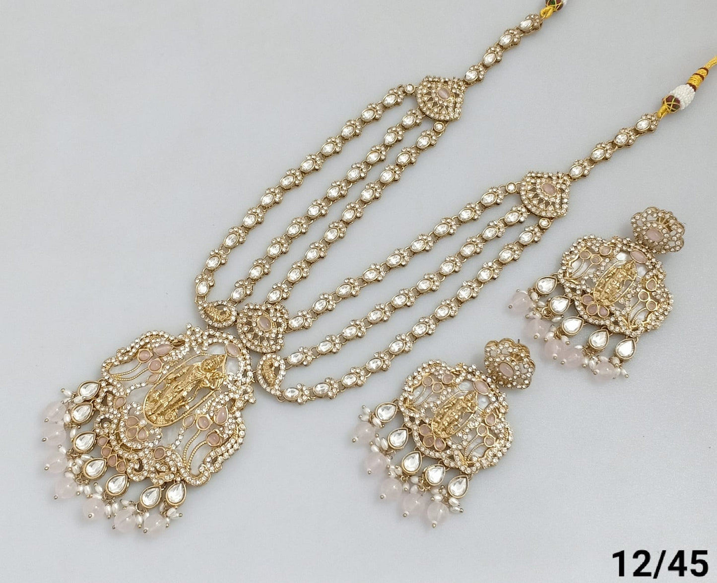 Traditional Three-Strand Antique Finish CZ Jewelry Set with Intricate Detailing