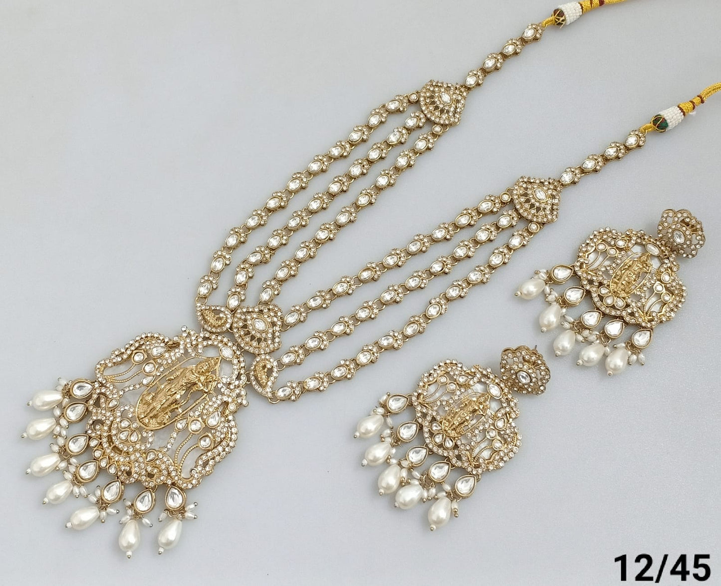 Traditional Three-Strand Antique Finish CZ Jewelry Set with Intricate Detailing