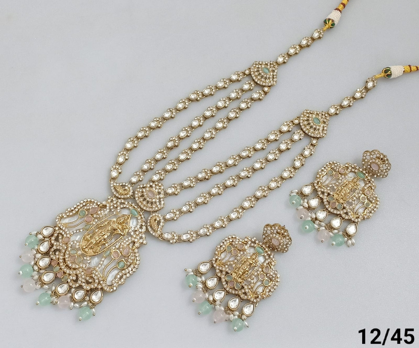 Traditional Three-Strand Antique Finish CZ Jewelry Set with Intricate Detailing