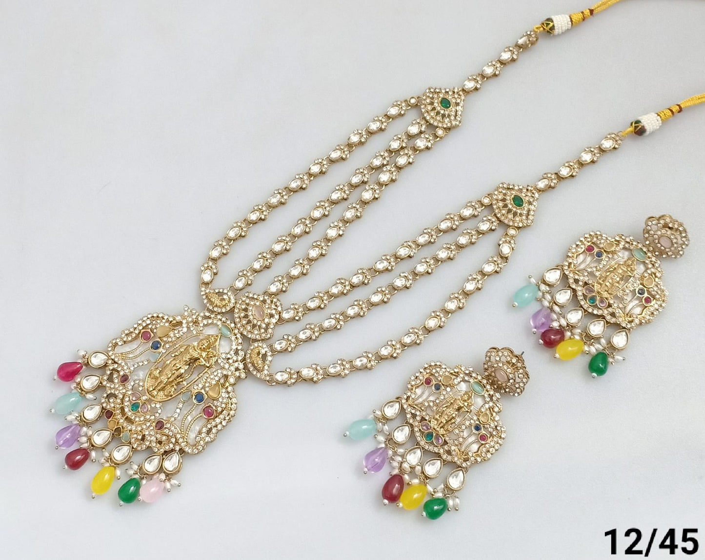 Traditional Three-Strand Antique Finish CZ Jewelry Set with Intricate Detailing