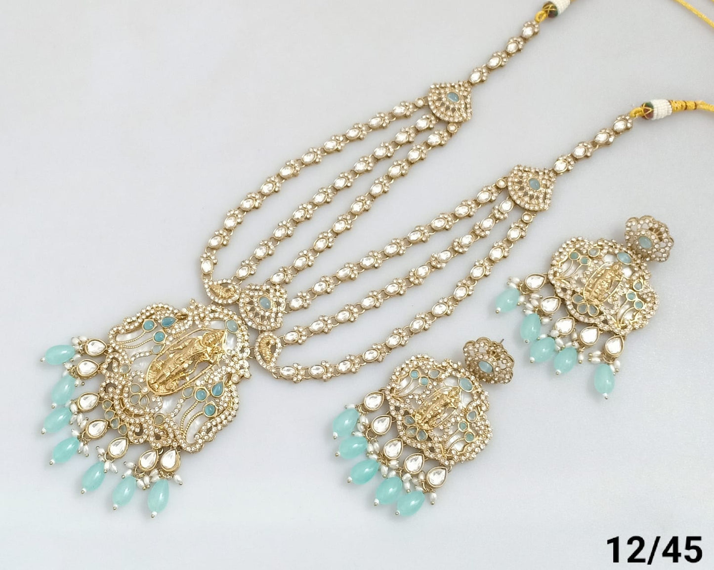 Traditional Three-Strand Antique Finish CZ Jewelry Set with Intricate Detailing