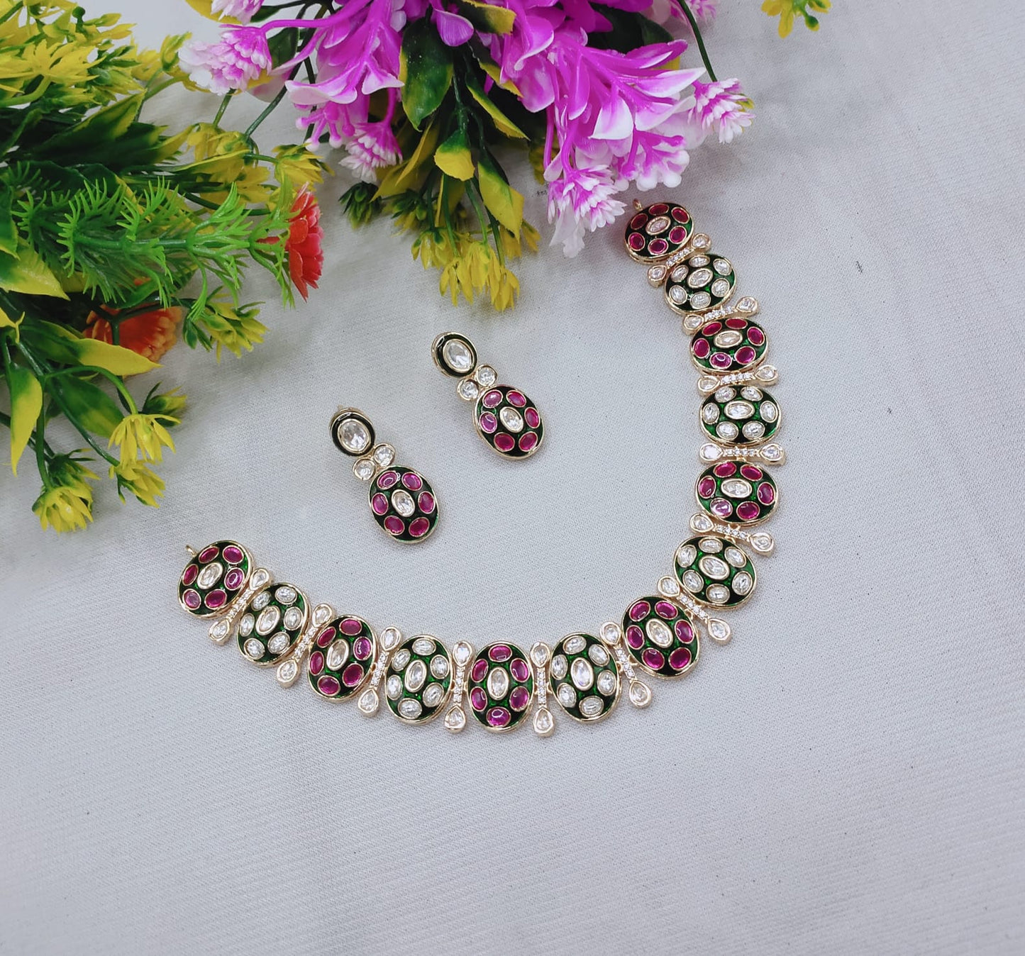 Premium Moissanite Polki Choker & Earring Set – Handcrafted Copper Base Jewelry