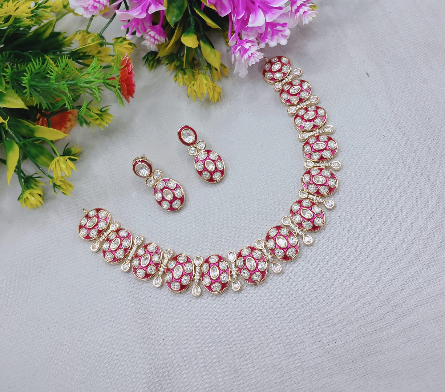 Premium Moissanite Polki Choker & Earring Set – Handcrafted Copper Base Jewelry