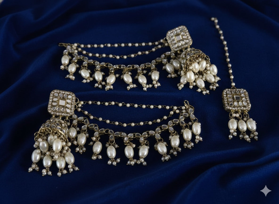 Heavy Festive Earrings with Pearl Ear Chains & Maang Tikka
