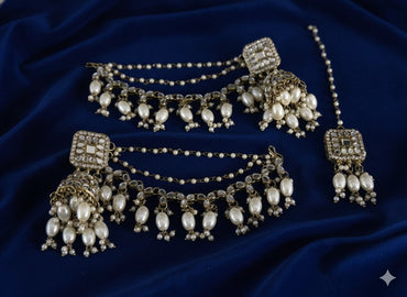 Heavy Festive Earrings with Pearl Ear Chains & Maang Tikka