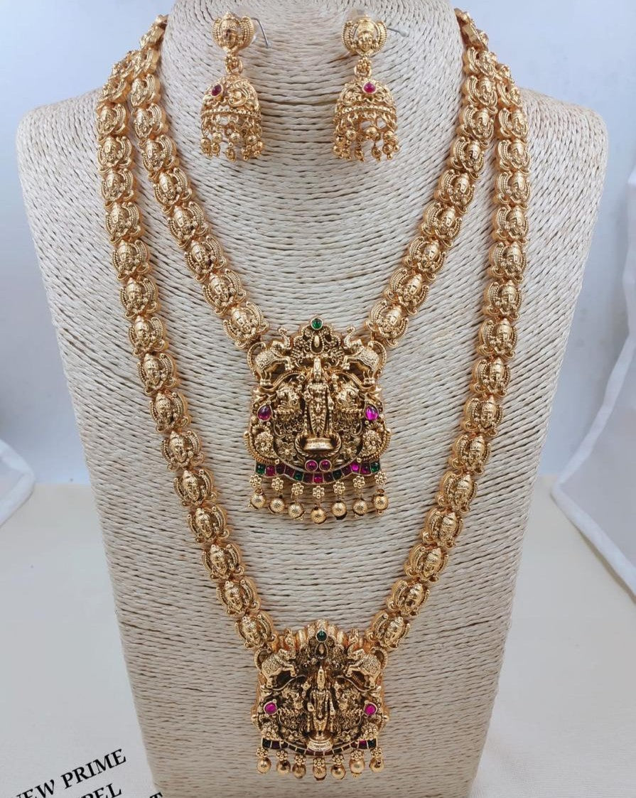 Antique Gold Lord Venkateswara Balaji Temple Necklace Combo Set with Jhumka Earrings