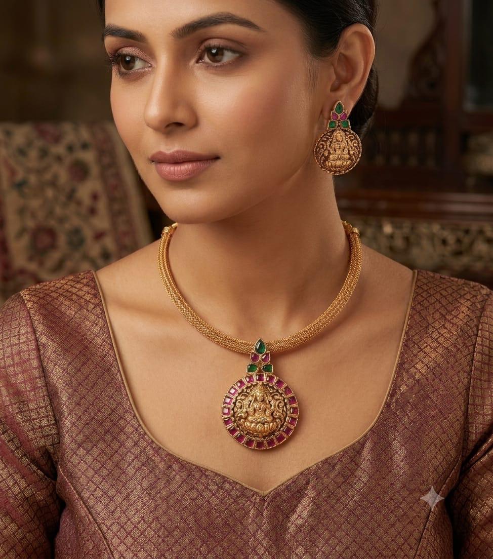 Antique Gold Goddess Laxmi Medallion Choker Necklace Set with Matching Earrings