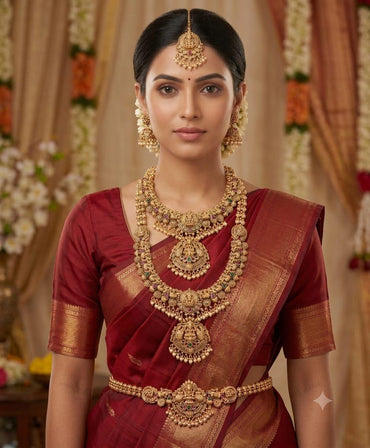 Grand Antique Gold Goddess Laxmi Temple Bridal Jewelry Set (Necklaces, Earrings, Mang Tikka & Vaddanam)