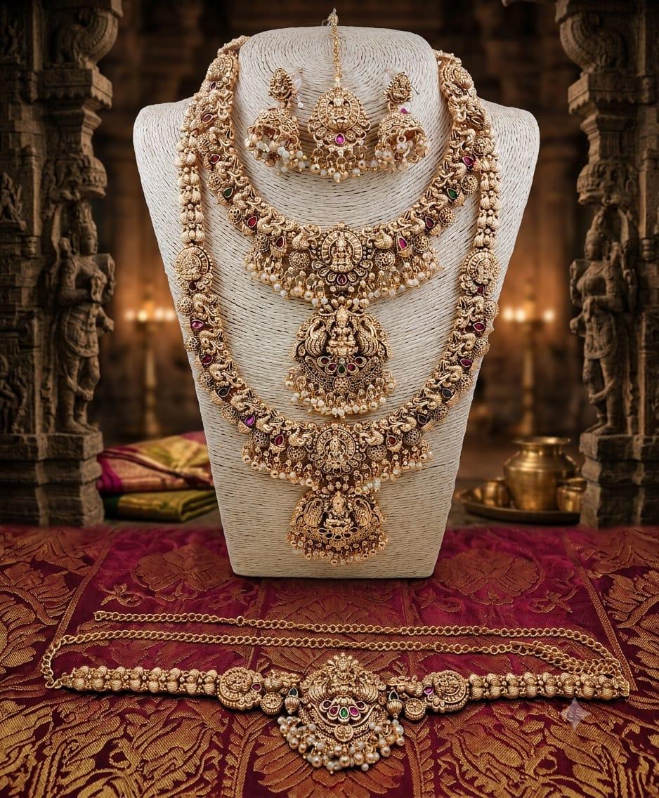 Grand Antique Gold Goddess Laxmi Temple Bridal Jewelry Set (Necklaces, Earrings, Maang Tikka & Vaddanam)