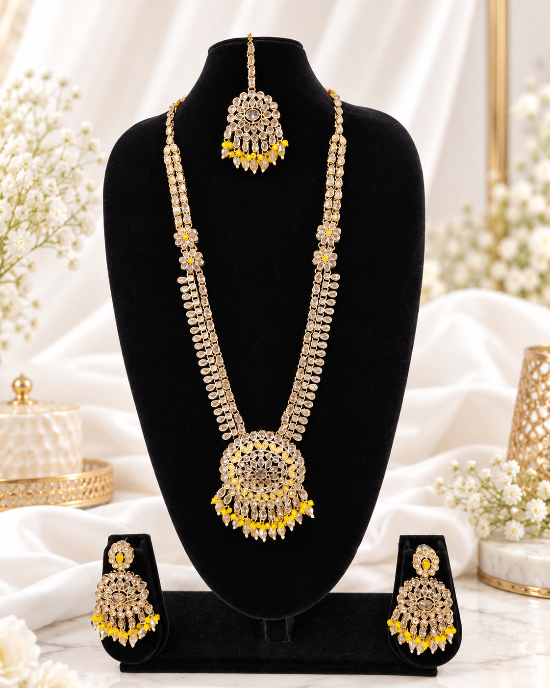 Mustard Yellow Bridal Necklace Set with Matching Earrings