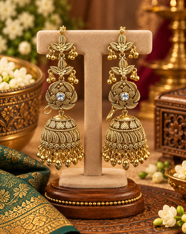 Antique Gold Floral Statement Jhumka Earrings