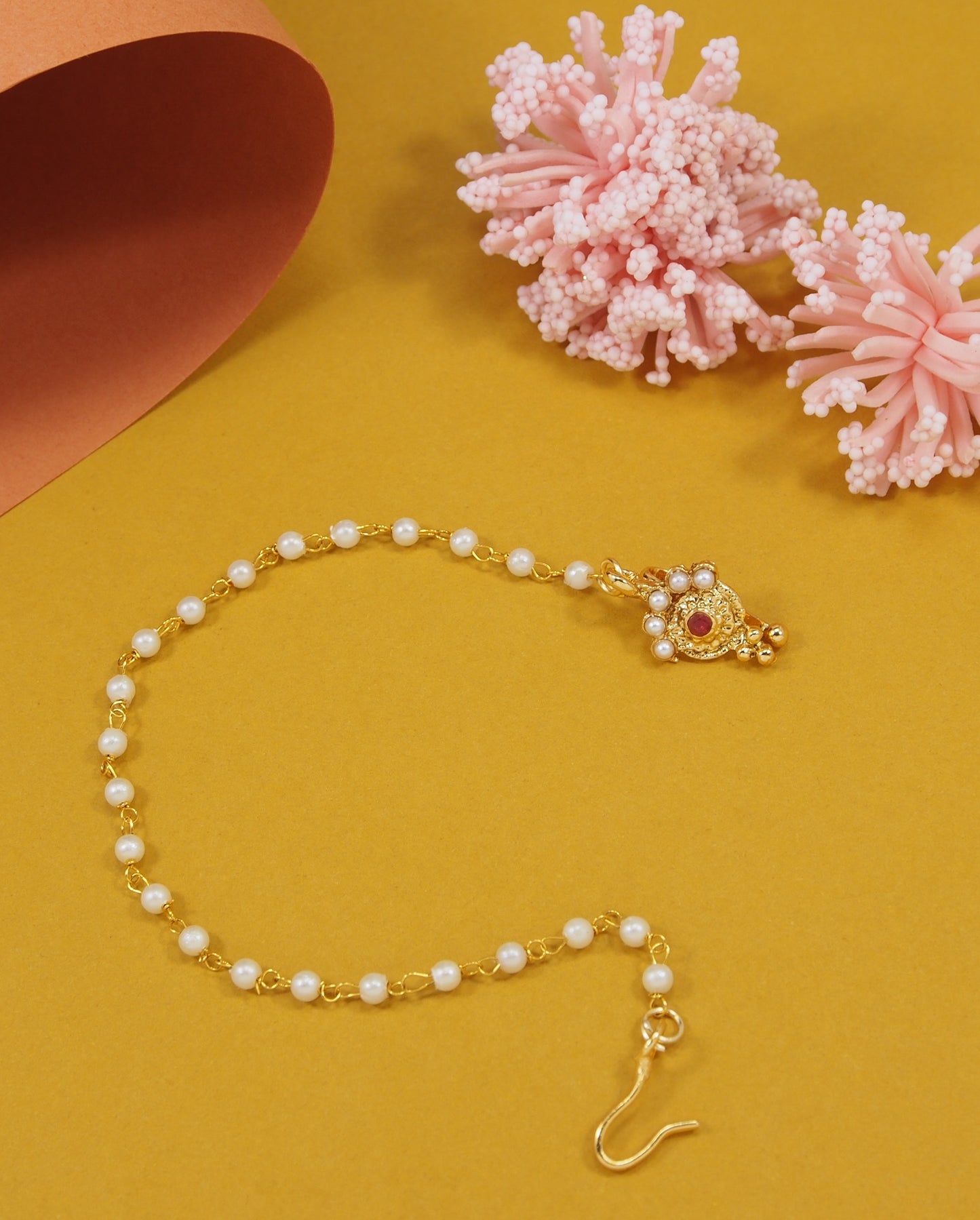 Traditional Gold-Plated Non-Pierced Nose Ring Nath With Pearl Chain For Woman
