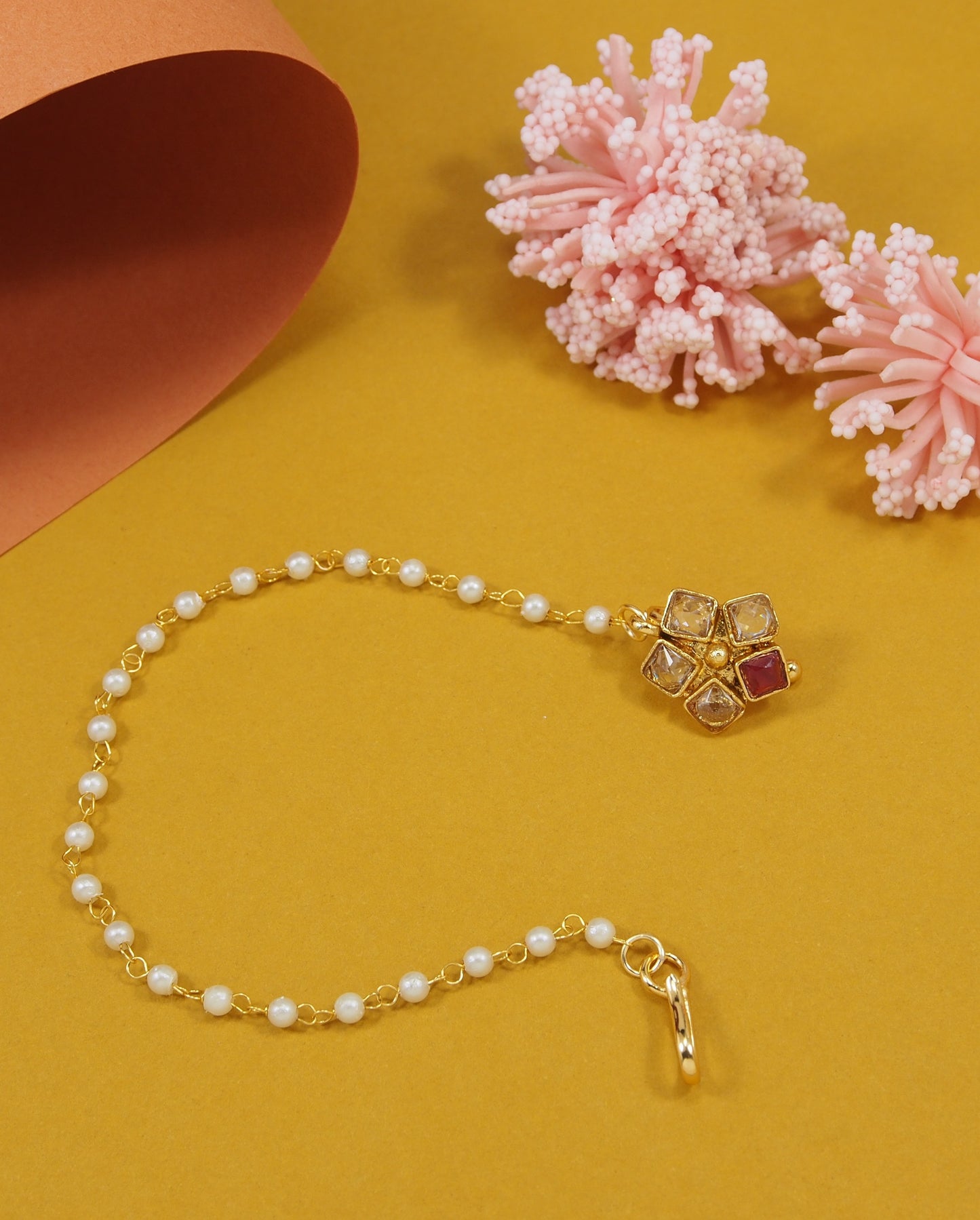 Traditional Gold-Plated Non-Pierced Nose Ring Nath With Pearl Chain For Woman