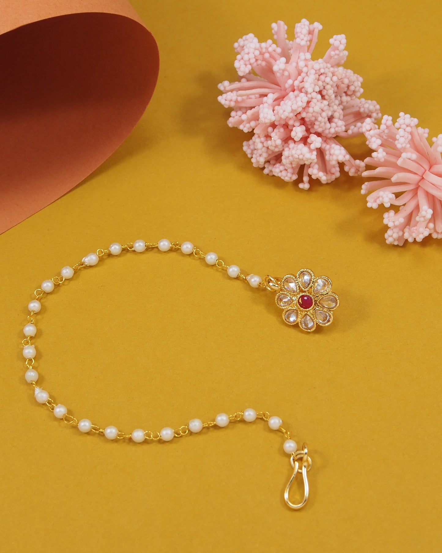 Traditional Gold-Plated Non-Pierced Nose Ring Nath With Pearl Chain For Woman