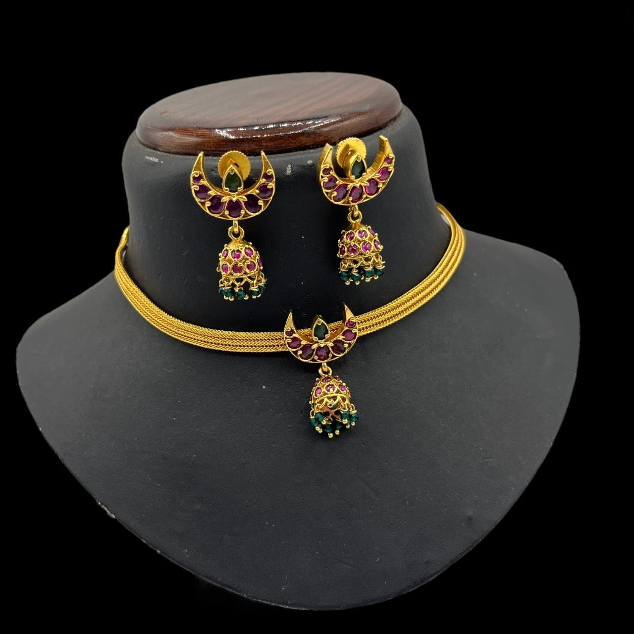 Crescent Moon Necklace Set with Ruby & Emerald Toned Stones