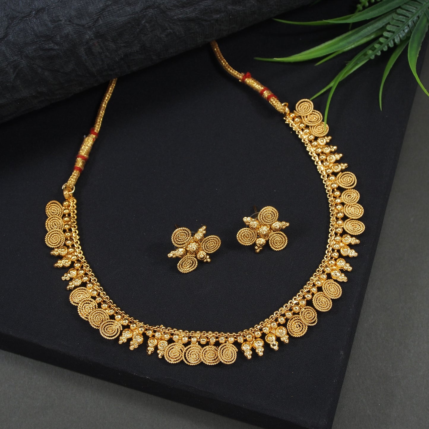 Temple Gold-Plated  Swirl Motif Necklace Choker Set