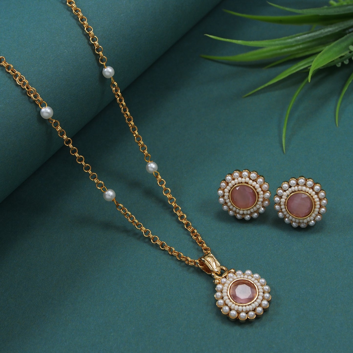 Gold-Plated Chain Pendant Set with Matching Earrings