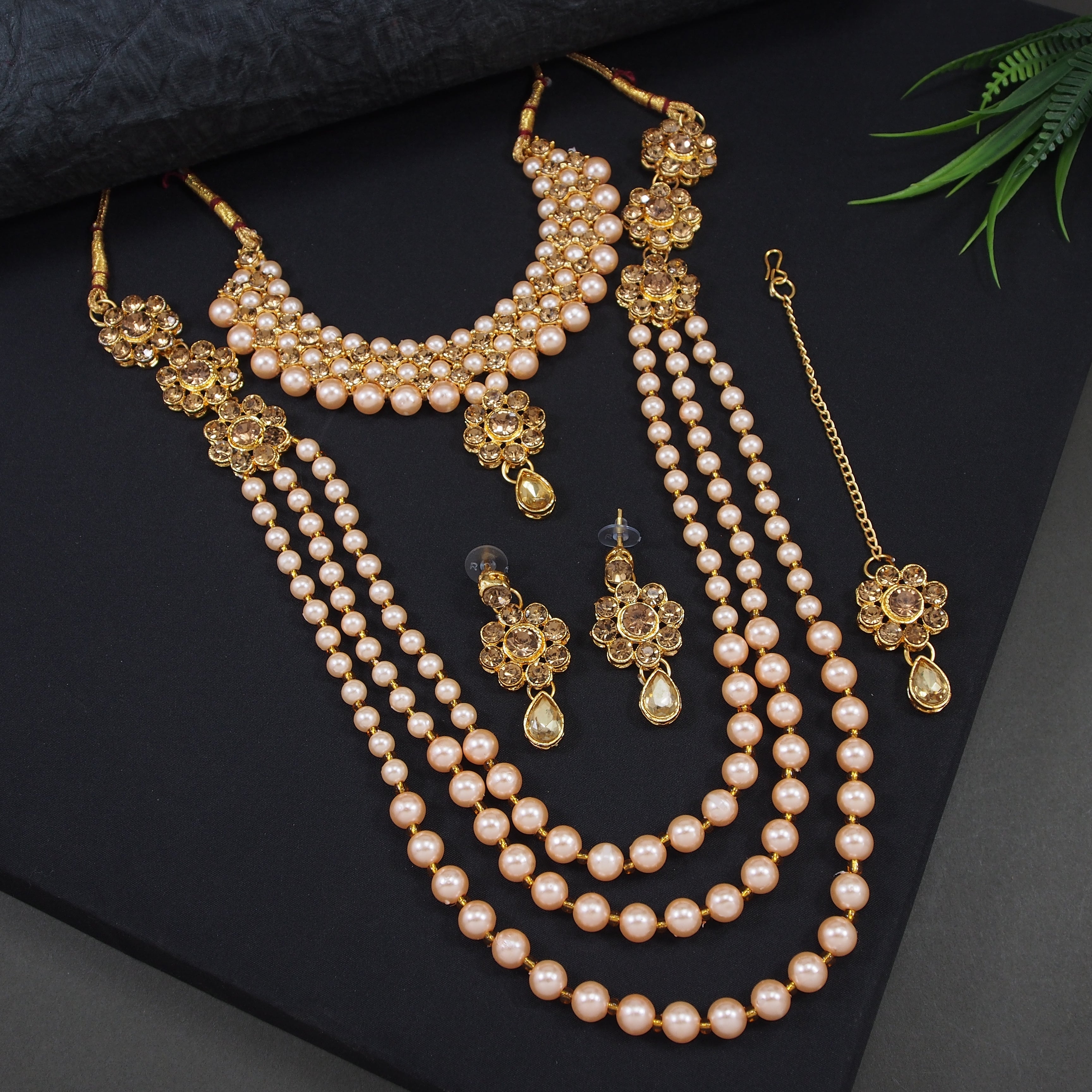 Gold 3-Strand Pearl Mala & Choker Combo Set