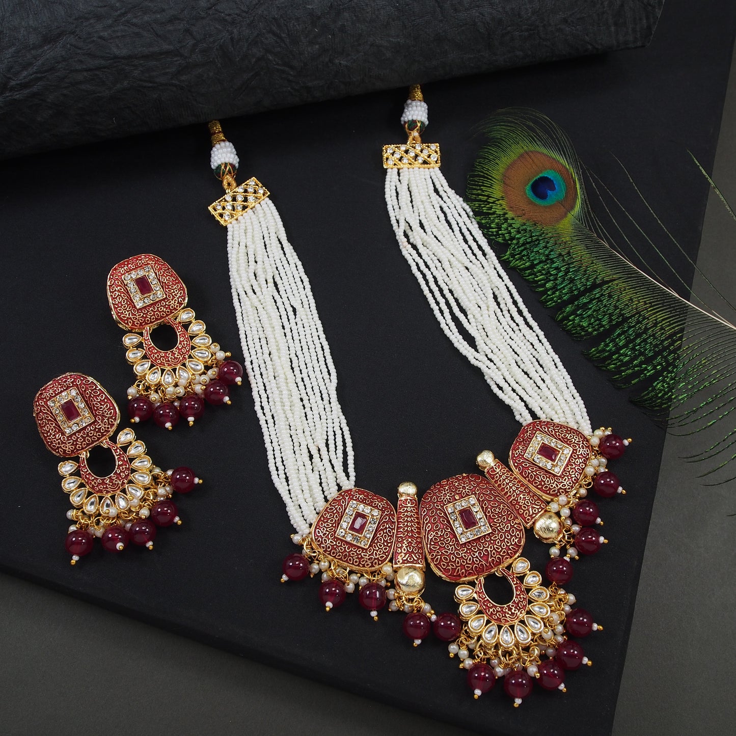 Meenakari Copper Pearl Mala Necklace Set with Matching Earrings