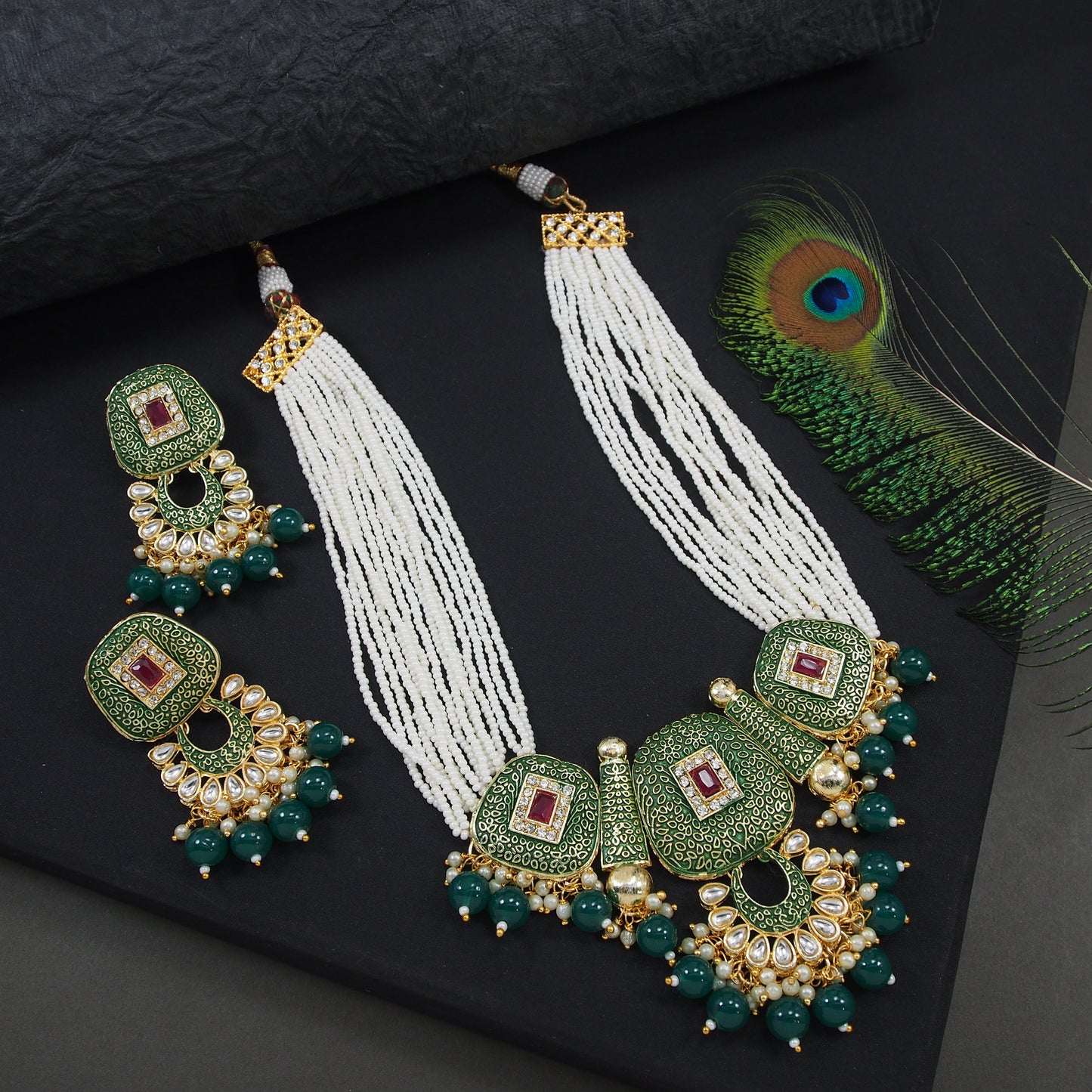 Meenakari Copper Pearl Mala Necklace Set with Matching Earrings