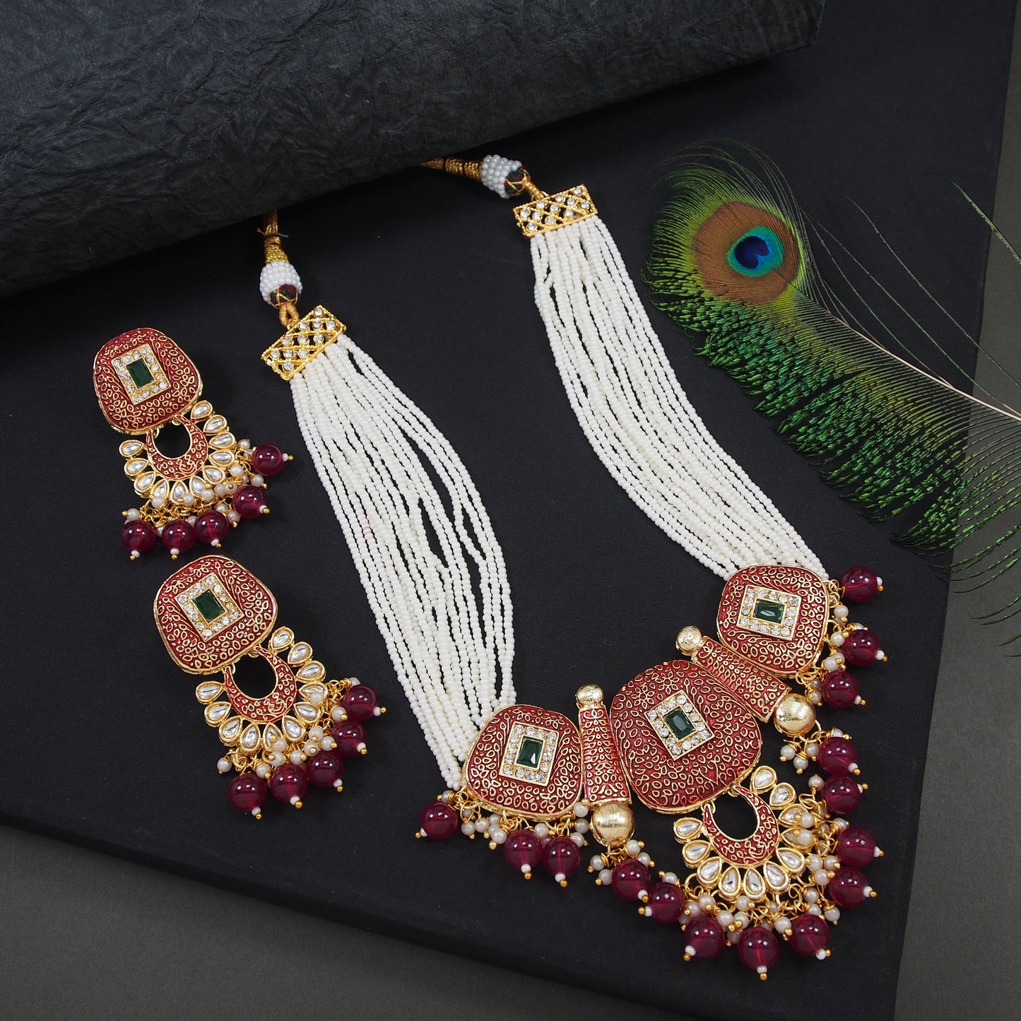 Meenakari Copper Pearl Mala Necklace Set with Matching Earrings