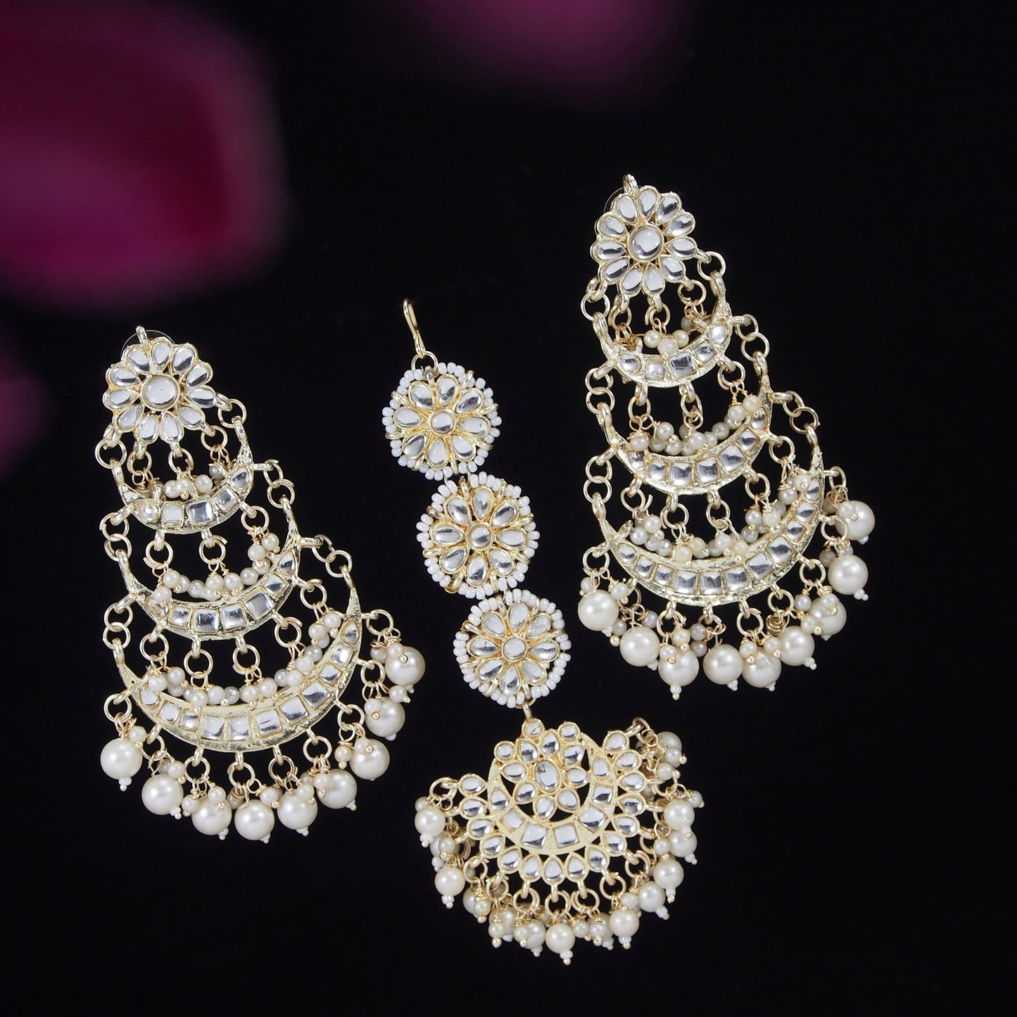 Traditional Royal  Maang Tikka Earring Set Gold-Plated Chandbali Earring and Mangtika
