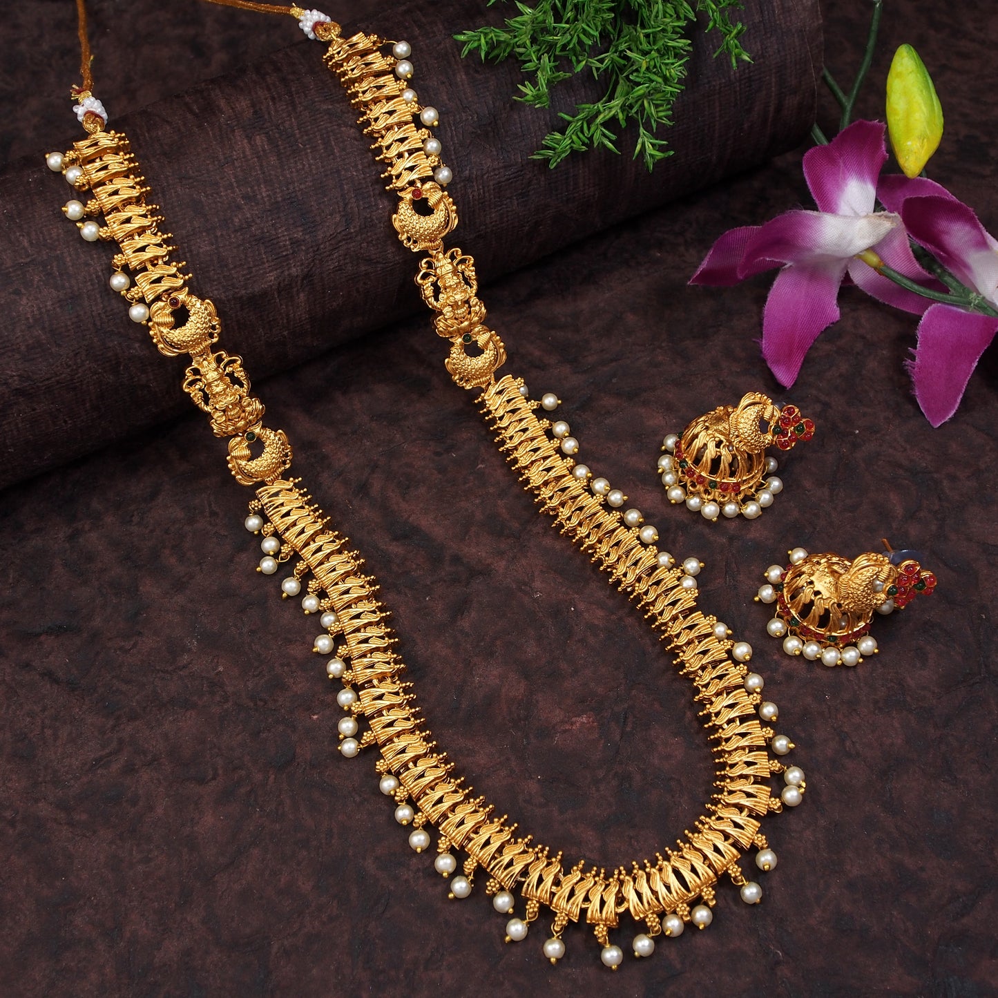 Matte Gold Temple Haram Lakshmi & Peacock Long Set