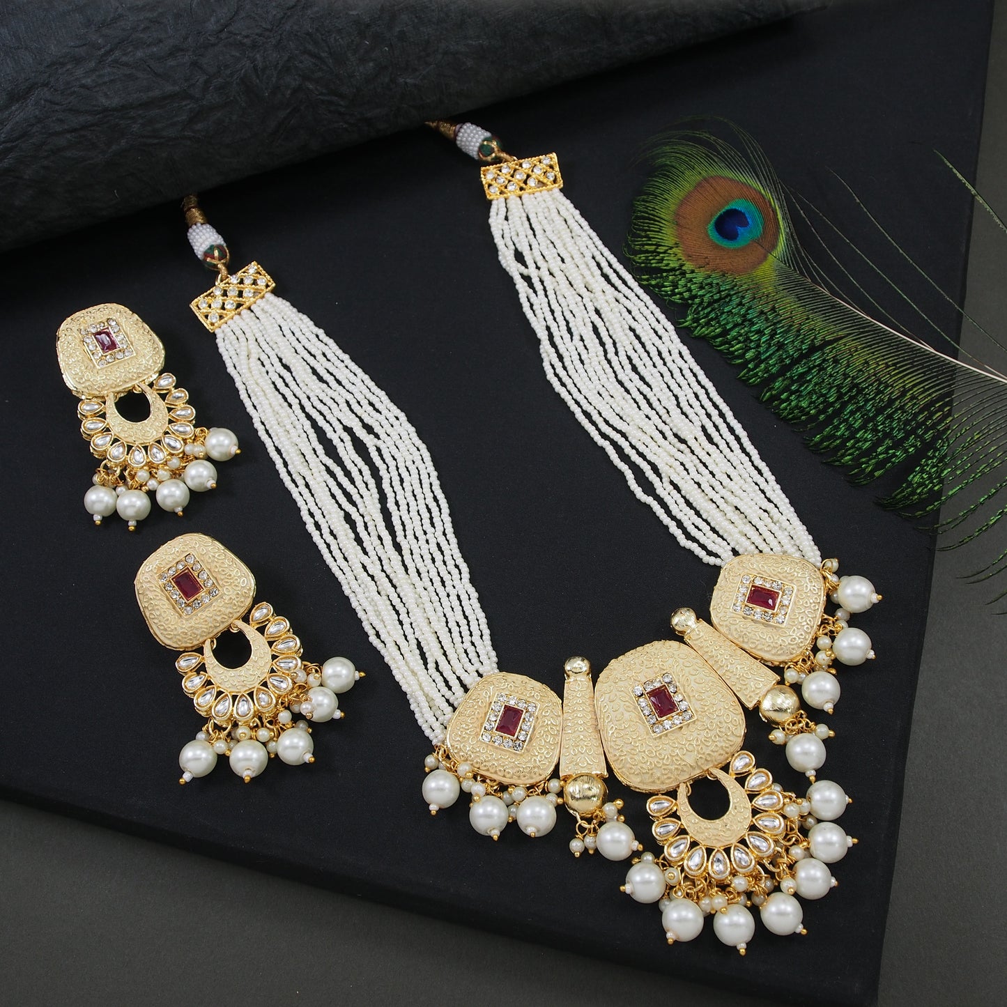 Meenakari Copper Pearl Mala Necklace Set with Matching Earrings