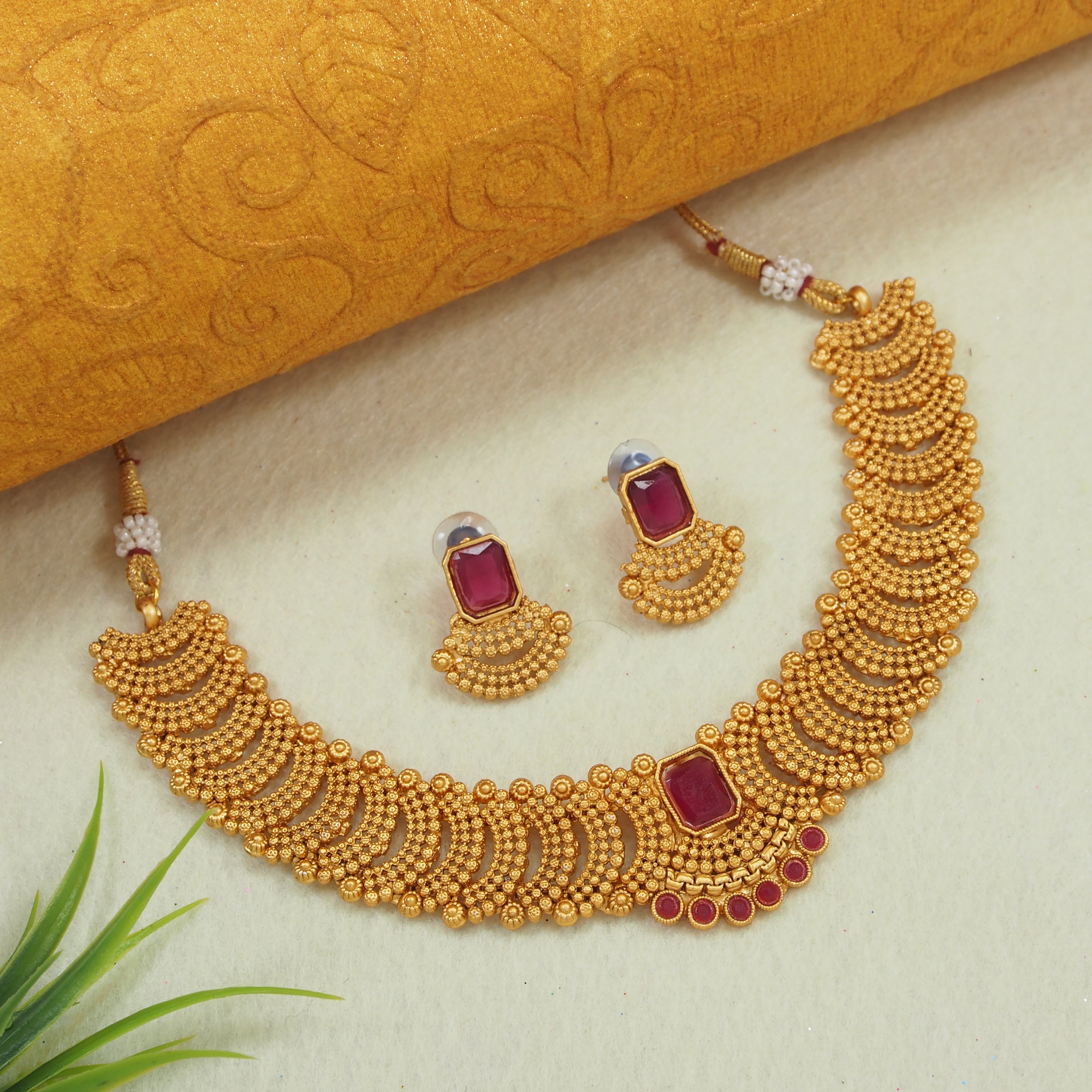 Fashionable Gold Toned Square Shape Ruby Colour Stone Studded Choker Temple Necklace With Matching Earring For Women And Girls