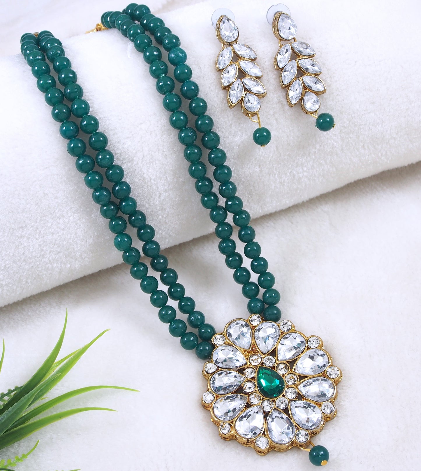 Traditional Pearl Double Layer Necklace Set with Kundan Floral Pendant & Matching Earrings