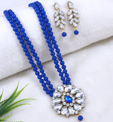 Traditional Pearl Double Layer Necklace Set with Kundan Floral Pendant & Matching Earrings