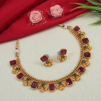 Fashionable Gold Plated Square Shape And Flower Design Temple Necklace With Earrings Jewellery Set For For Women And Girls