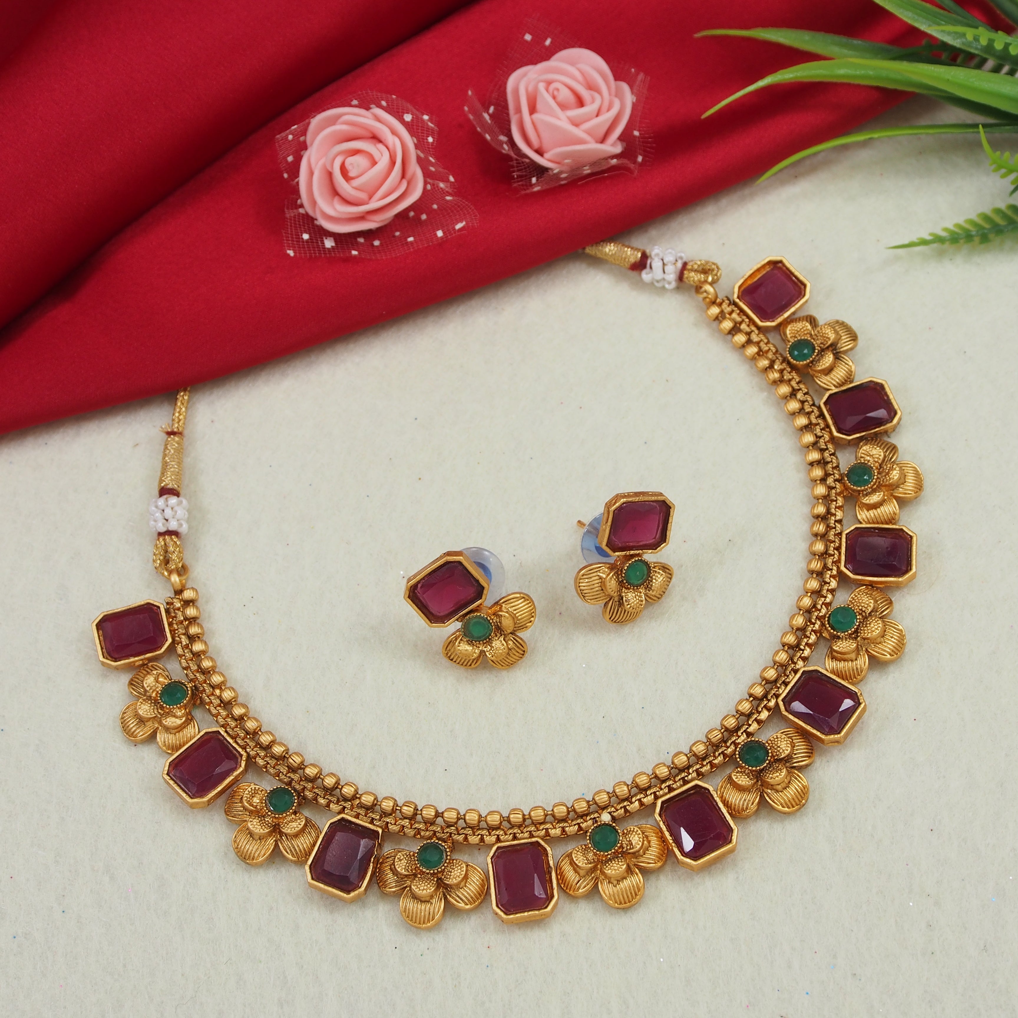 Fashionable Gold Plated Square Shape And Flower Design Temple Necklace With Earrings Jewellery Set For For Women And Girls