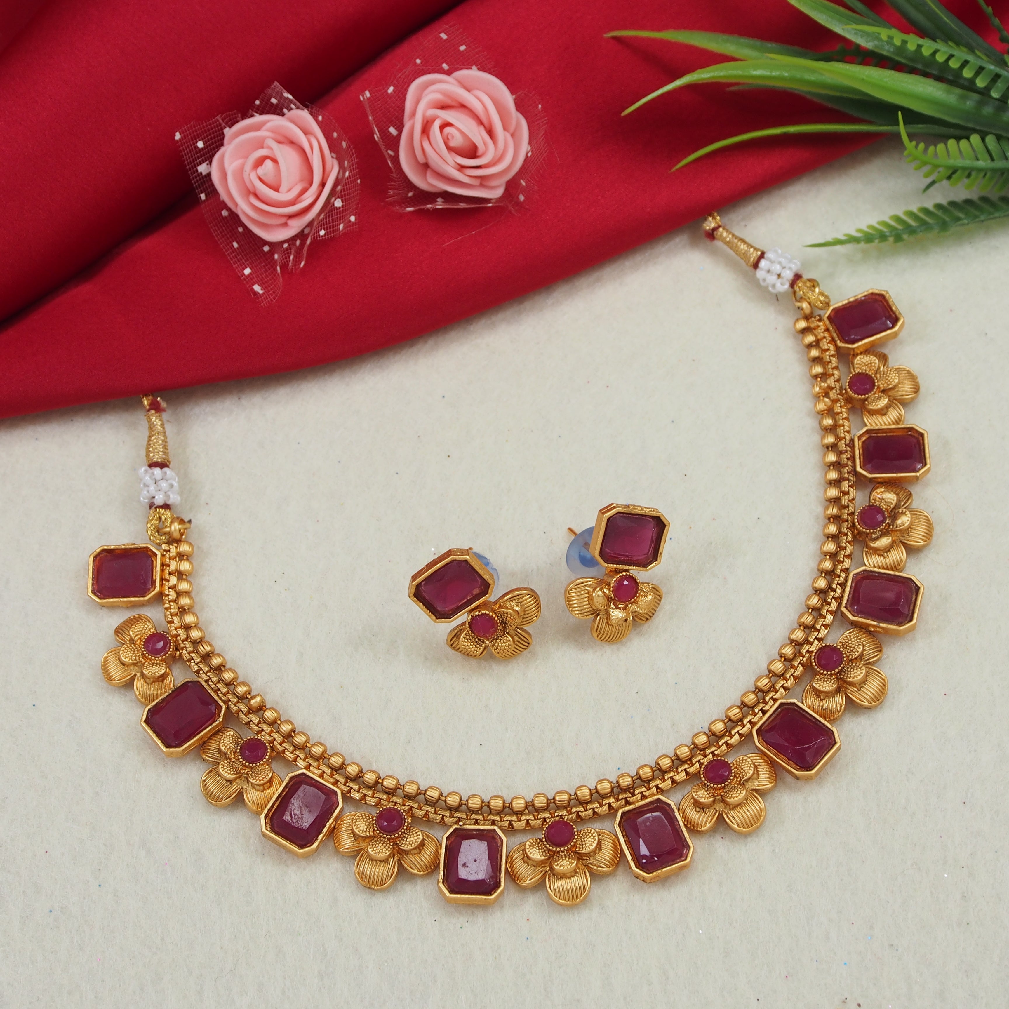 Fashionable Gold Plated Square Shape And Flower Design Temple Necklace With Earrings Jewellery Set For For Women And Girls