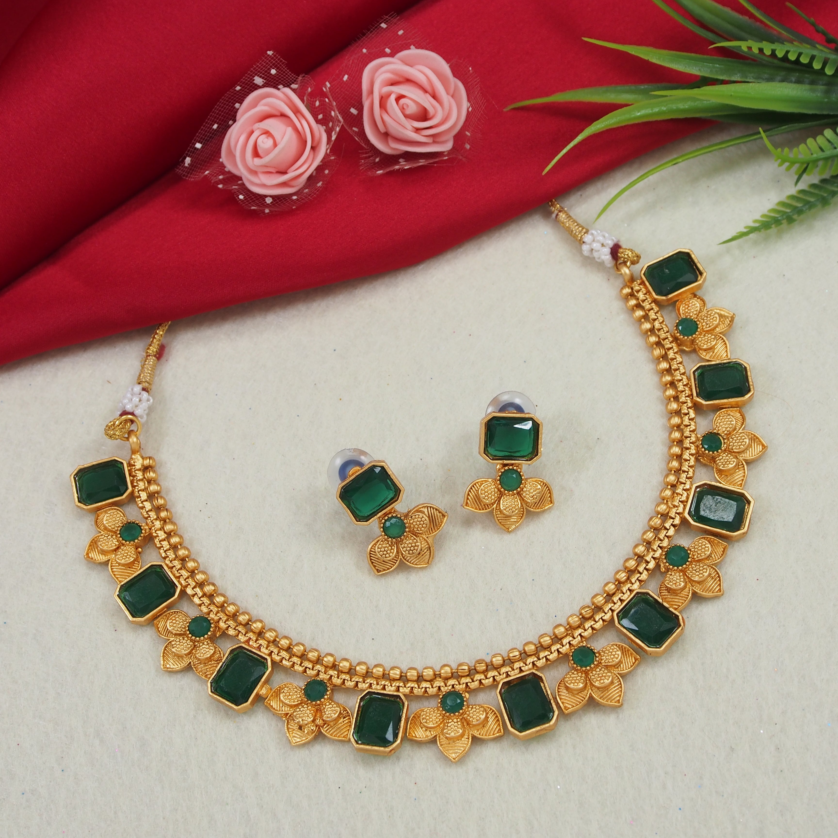Fashionable Gold Plated Square Shape And Flower Design Temple Necklace With Earrings Jewellery Set For For Women And Girls