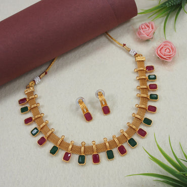 Gold Mesh Work Temple Necklace with Ruby Accents