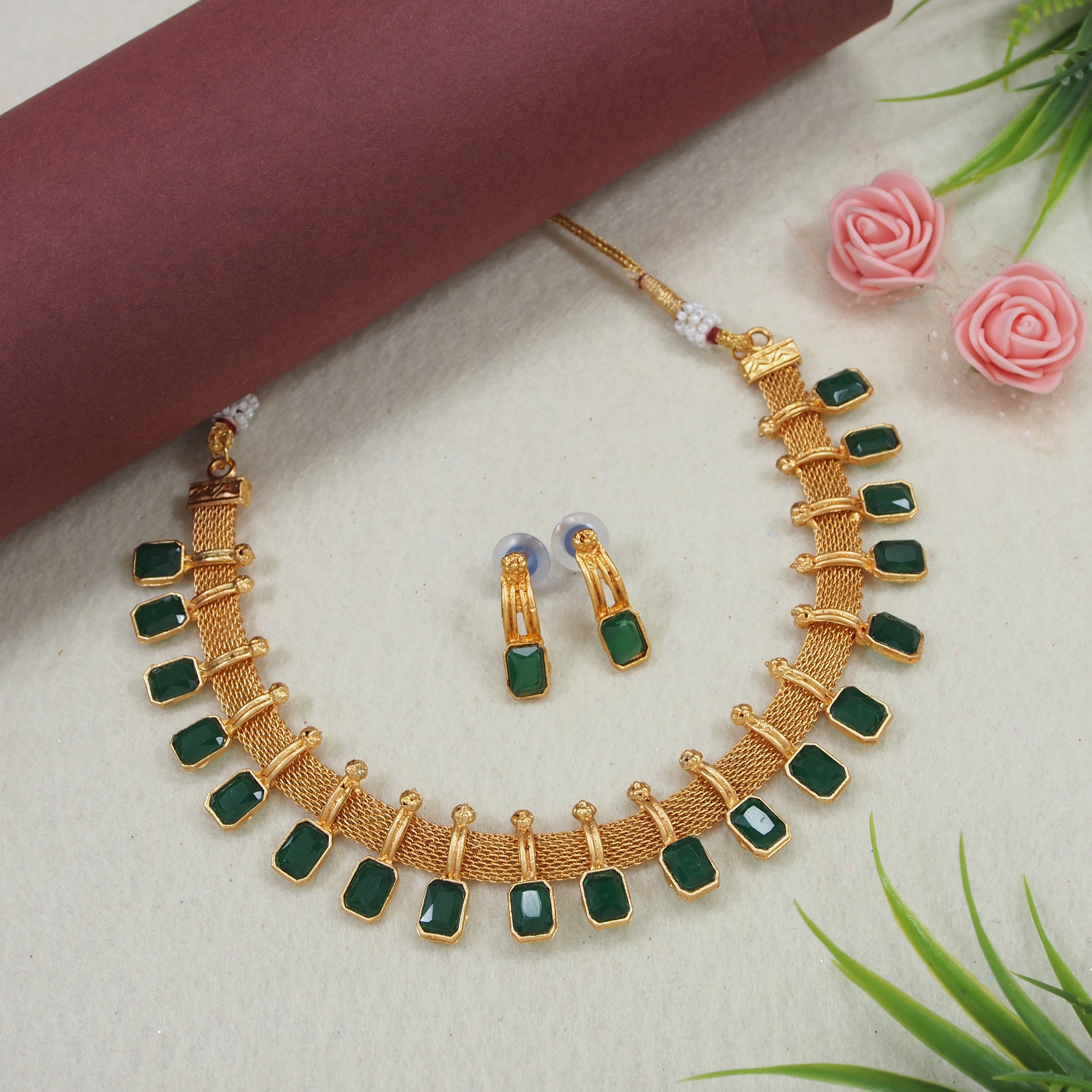 Fancy South Indian Gold Plated Temple Necklace With Earrings Jewellery Set For For Women And Girls