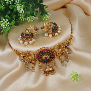 Beautiful South Indian Gold Plated Peacock Necklace Pearl Dropped Temple Jewellery Set With Jhumki Earrings For Women And Girls